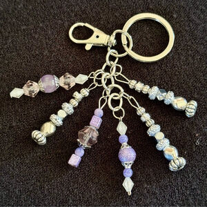 NEW Purple and Silver Beaded Crystal Bag Charm Keychain Handmade One of a Kind